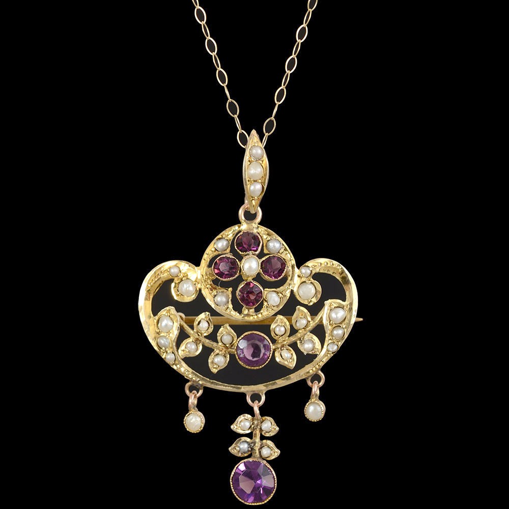 Antique Jewellery » 9ct edwaridan Almondine and seed pearl brooch pendant